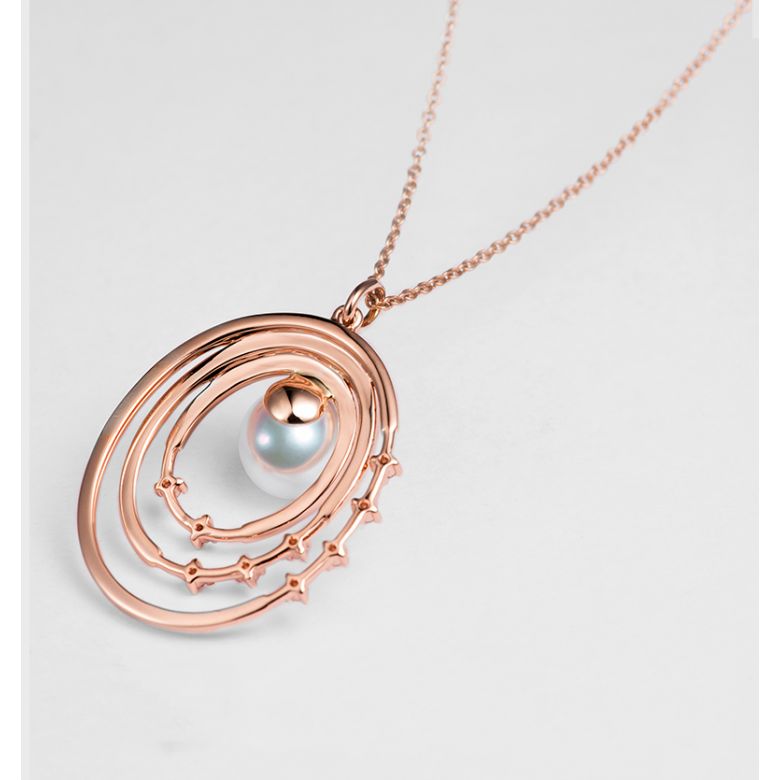 Pendentif perle Akoya Or rose et diamants. Triple cercle - 5