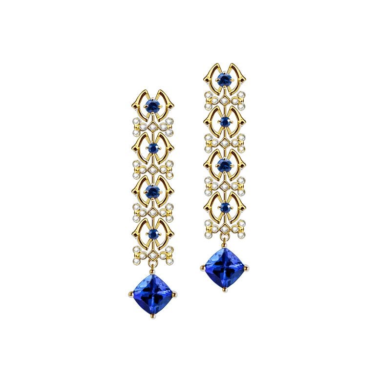 Boucle d oreille Saphir bleu, diamant - Or jaune - 1