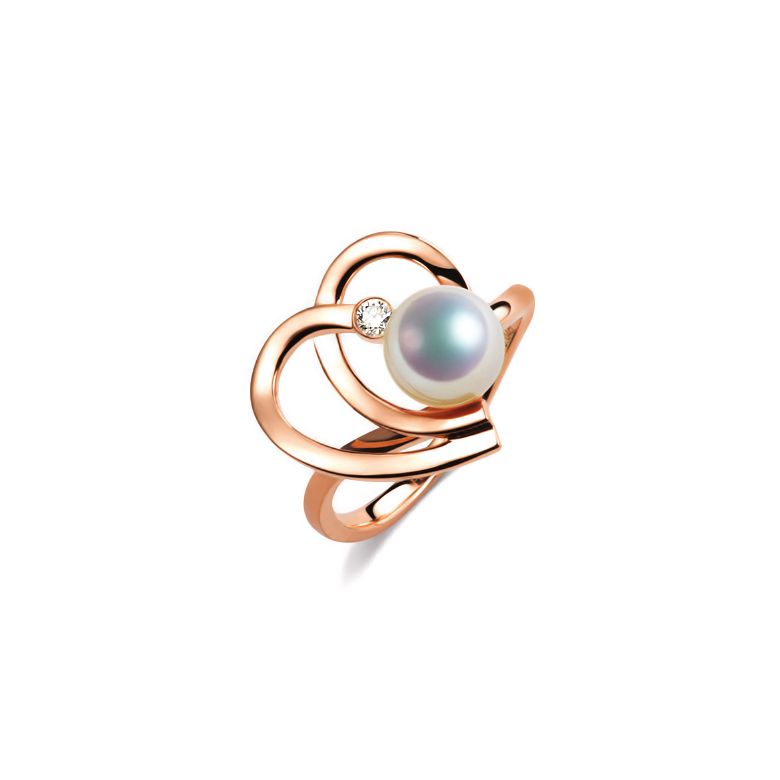 Bague double coeur stylisé Chiaky. Perle Akoya, Or rose - 1