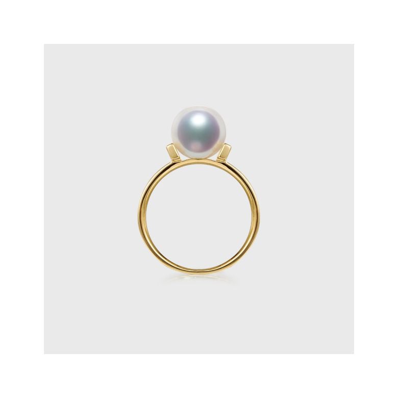 Bague monture rail. Or jaune, Diamants sertis et Perle Akoya - 8