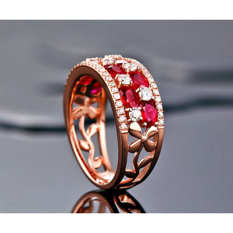 Bague damier Or rose. Rubis et diamants alternés - 5