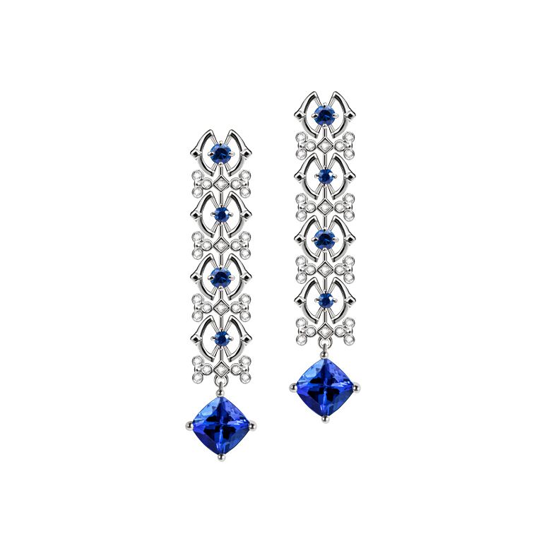 Boucle d oreille saphir bleu, diamant - Or blanc - 1