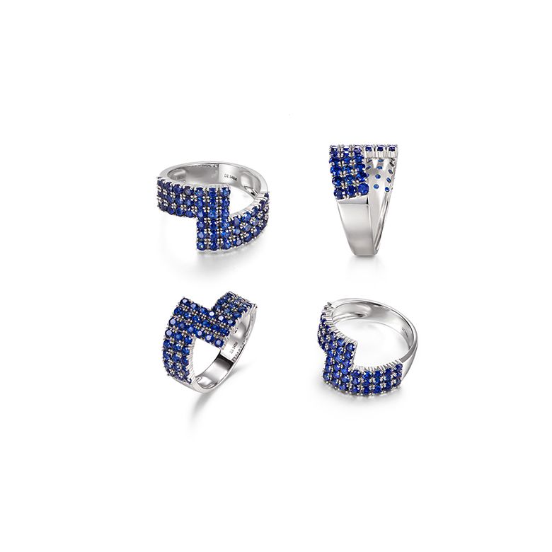 Bague contemporaine or blanc. Pavage géométrique saphir  - 9