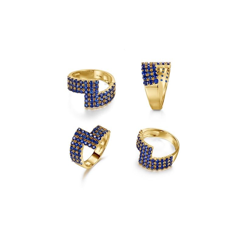 Bague contemporaine or jaune. Pavage géométrique saphir  - 8