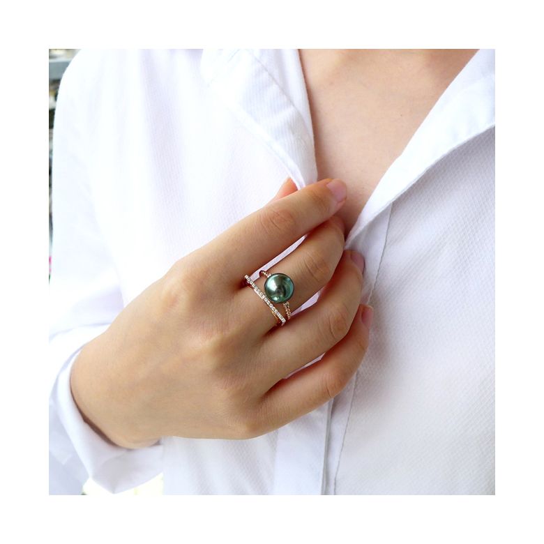 Bague perle de Tahiti, Or jaune, diamants - Saperlipopette - 5