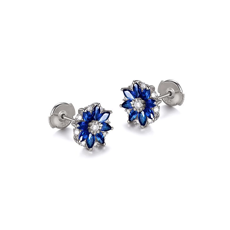 Boucle oreille Blue Mist, fleur de brume bleue - Saphir, diamant, Or blanc - 8