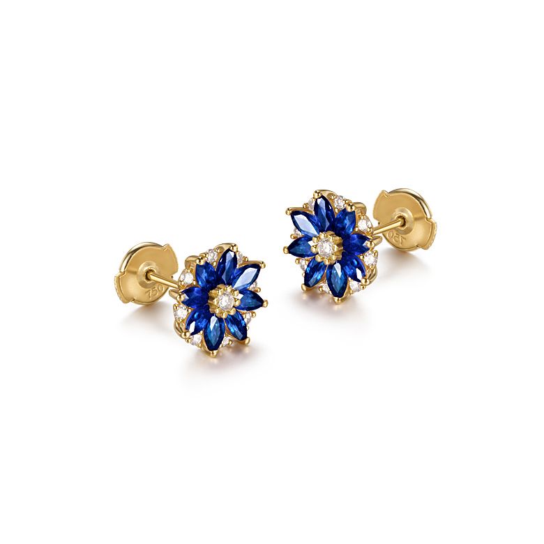 Boucle oreille Blue Mist, fleur de brume bleue - Saphir, diamant, Or jaune - 7