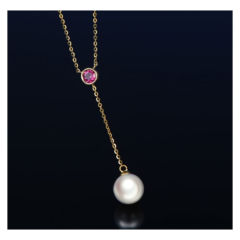 Collier pendentif perle Akoya. Chaîne Or jaune, Saphir rose - 4