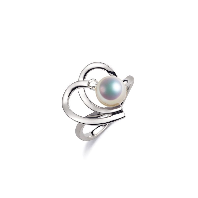 Bague double coeur stylisé Chiaky. Perle Akoya, Or blanc - 1