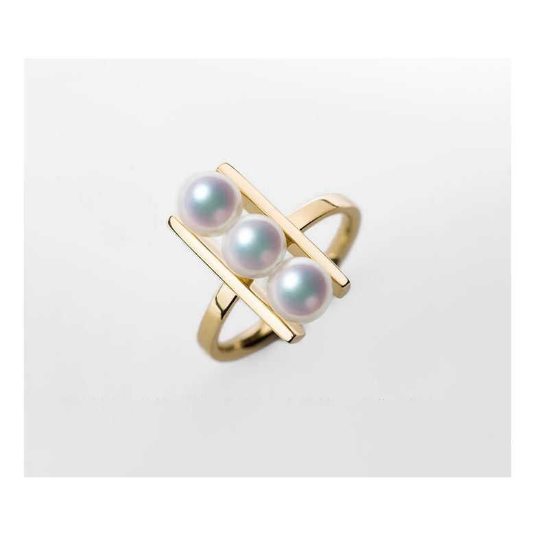 Bague 3 perles Akoya alignées et or jaune 18 carats - 9