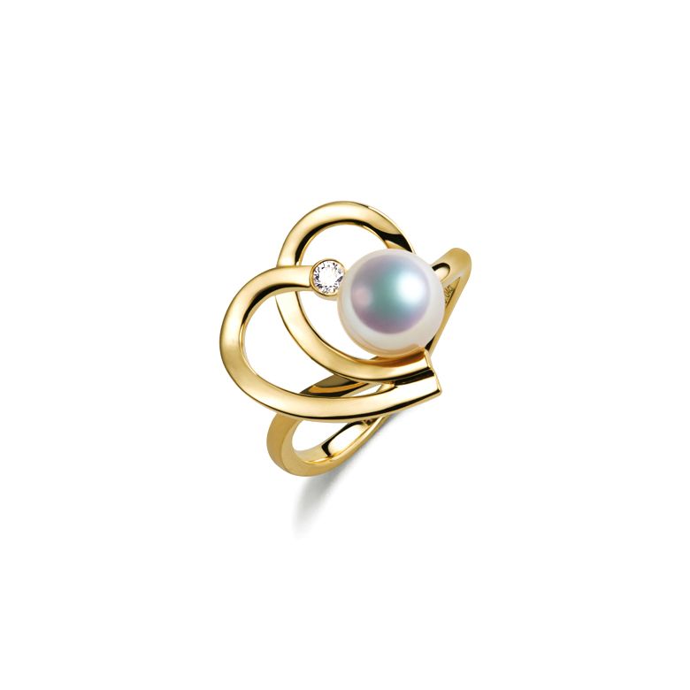 Bague double coeur stylisé Chiaky. Perle Akoya, Or jaune - 1