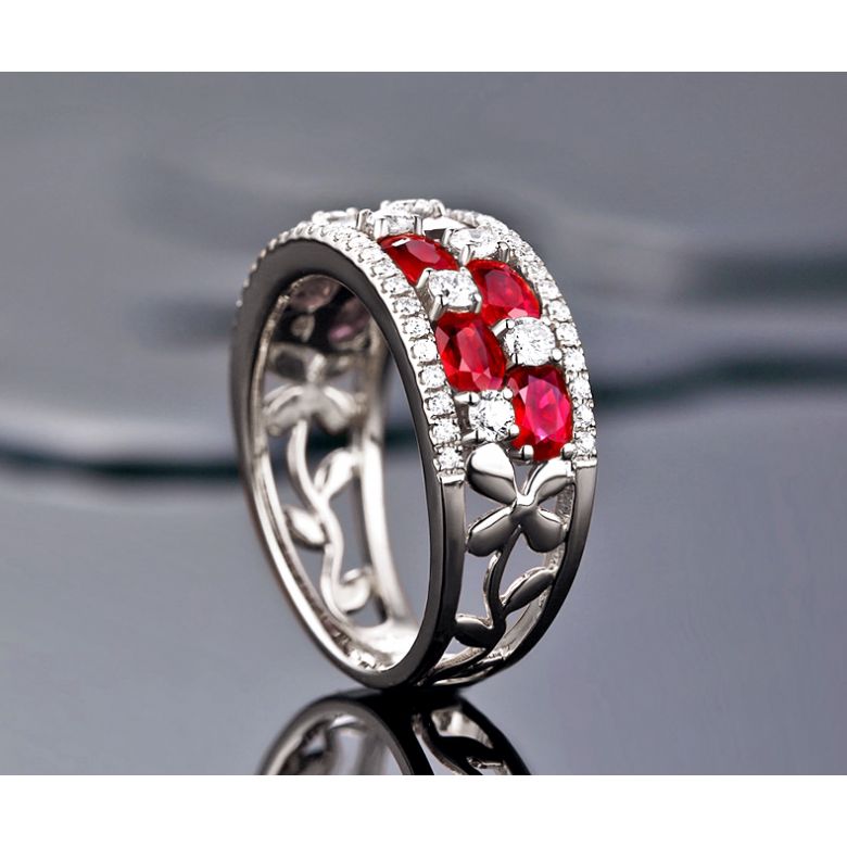 Bague damier Or blanc. Rubis et diamants alternés - 4