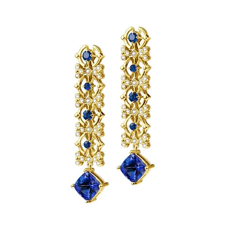Boucle d oreille Saphir bleu, diamant - Or jaune - 3