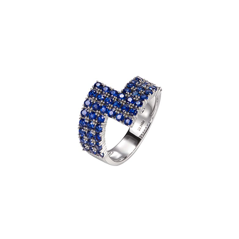 Bague contemporaine or blanc. Pavage géométrique saphir  - 1
