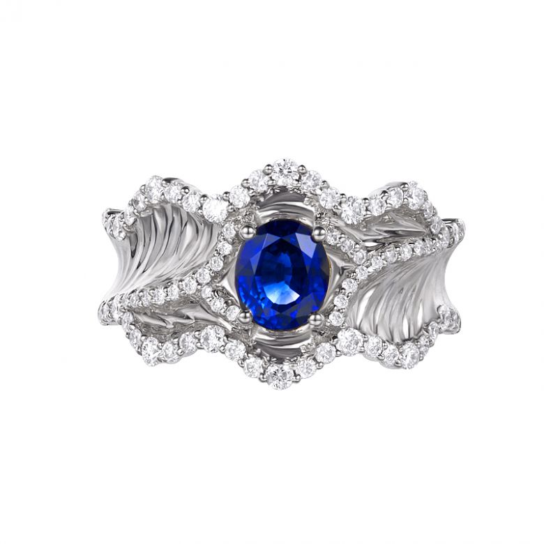 Bague floraison saphir ovale 1.10cts & diamants. Or blanc - 3