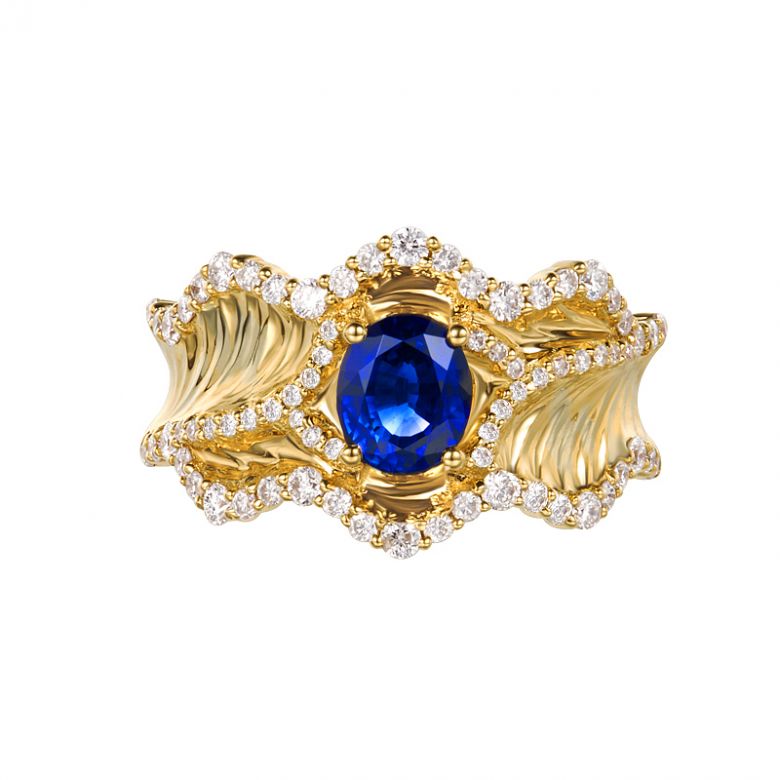 Bague floraison saphir ovale 1.10cts & diamants. Or jaune - 9