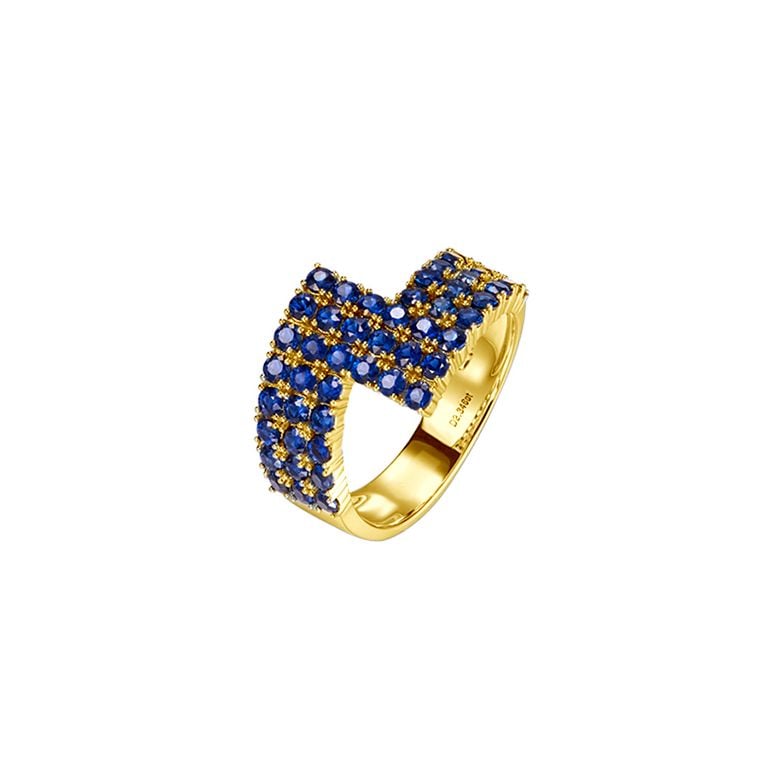 Bague contemporaine or jaune. Pavage géométrique saphir  - 1