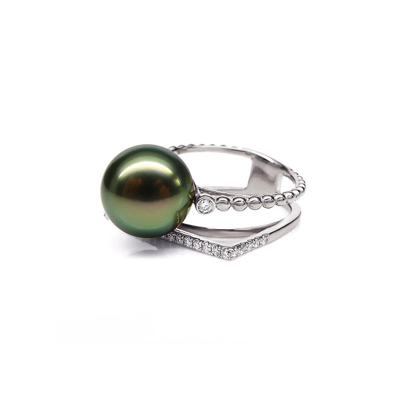 Bague perle de Tahiti, Or blanc, diamants - Saperlipopette - 8