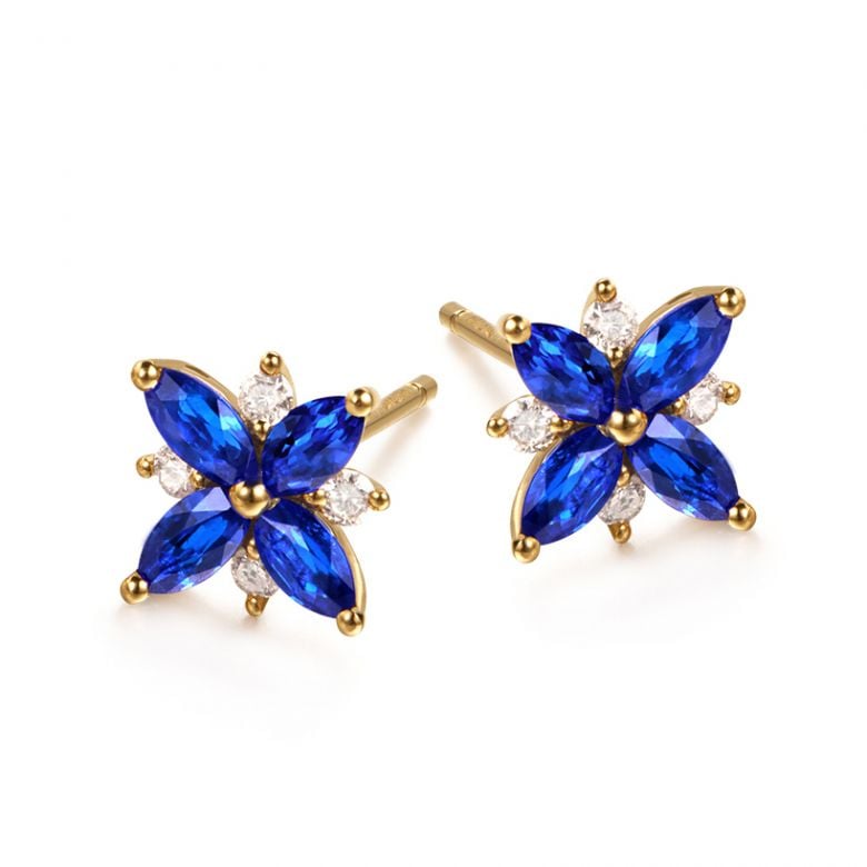 Boucle oreille fleur saphir bleu, diamant, or jaune - Véronique des ruisseaux - 8