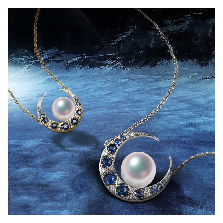 Pendentif Mikadzuki I Perle Akoya Saphir. Croissant de Lune - 1