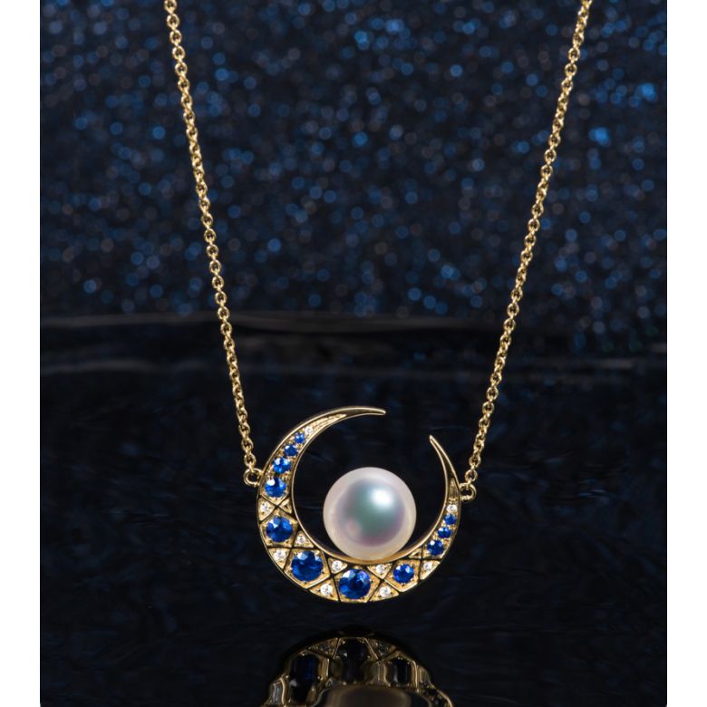 Pendentif Mikadzuki I Perle Akoya Saphir. Croissant de Lune - 12