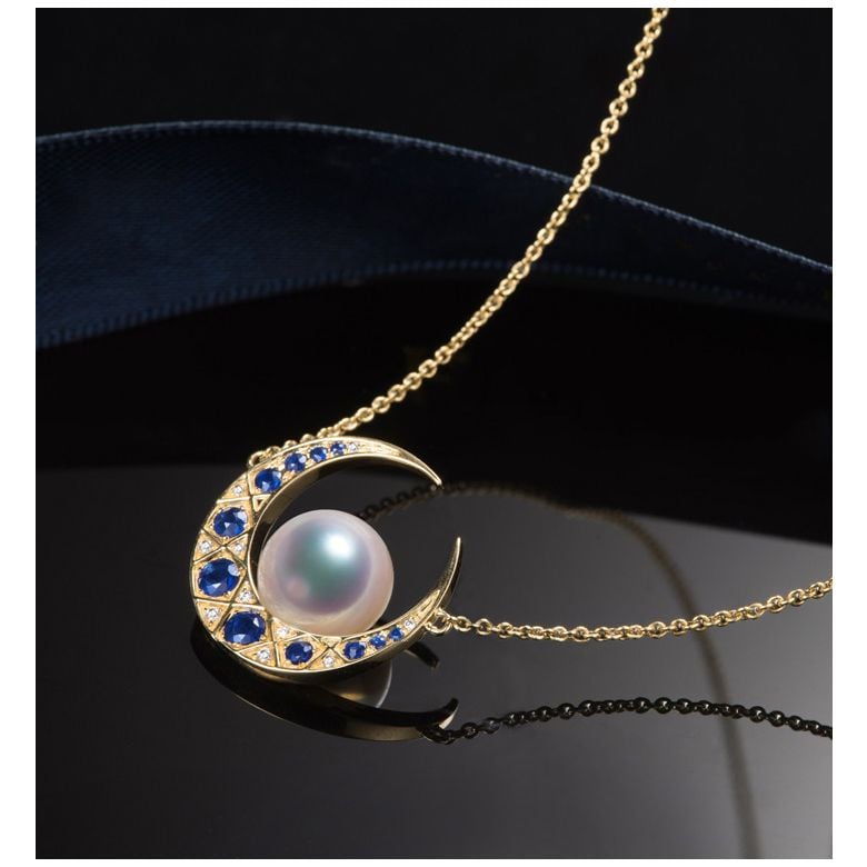 Pendentif Mikadzuki I Perle Akoya Saphir. Croissant de Lune - 13