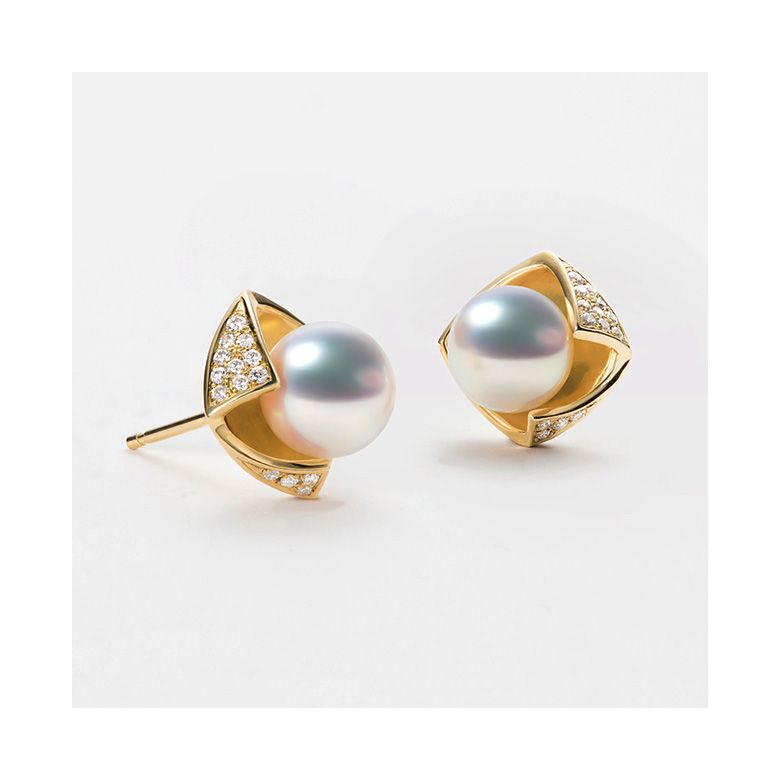 Boucles Oreilles Fukiyose Or jaune Perles Akoya Diamants - 3