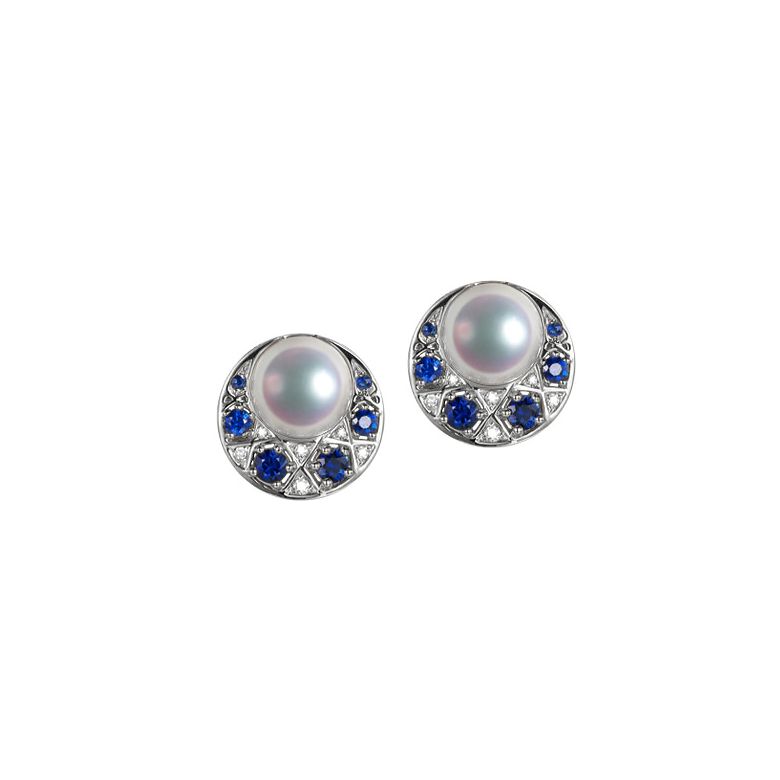 Boucles Oreilles Mikadzuki I Perle Akoya Saphir. Croissant de Lune - 1