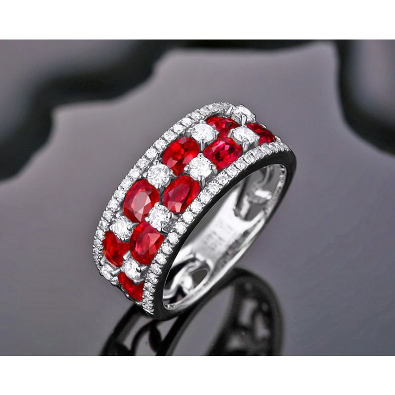 Bague damier Or blanc. Rubis et diamants alternés - 3