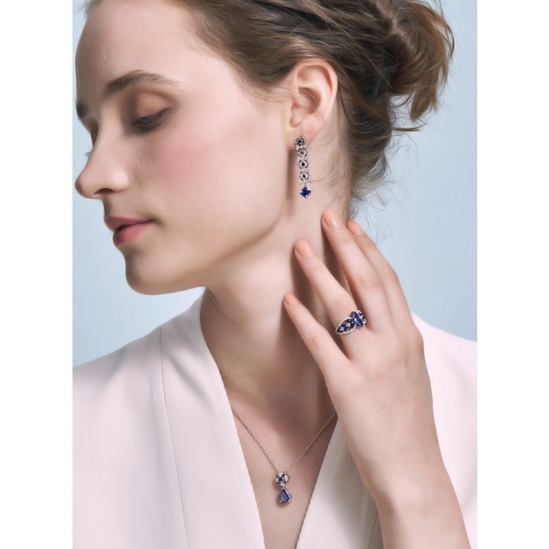 Boucle d oreille saphir bleu, diamant - Or blanc - 2