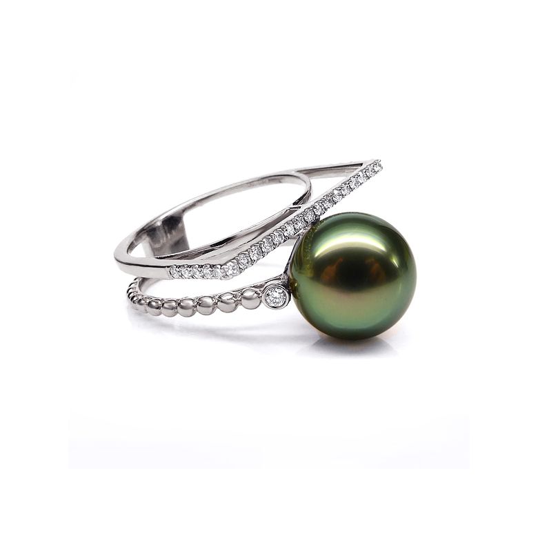 Bague perle de Tahiti, Or blanc, diamants - Saperlipopette - 9