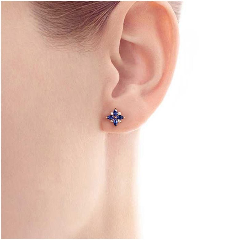 Boucle oreille fleur saphir bleu, diamant, or jaune - Véronique des ruisseaux - 2