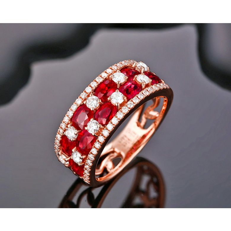 Bague damier Or rose. Rubis et diamants alternés - 3