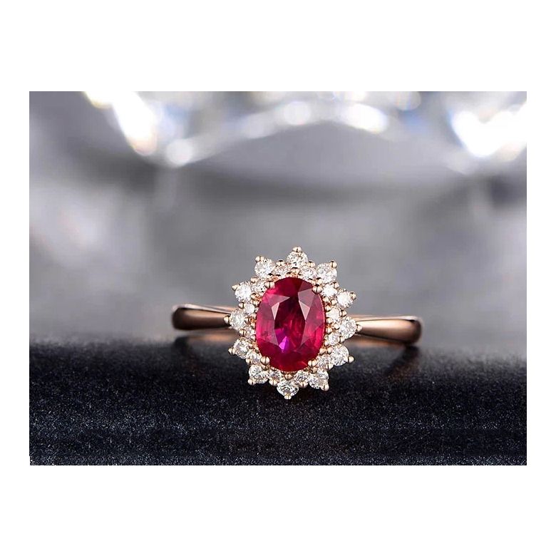 Bague rubis, diamants monture or rose - Création florale classique - 4
