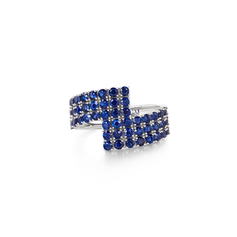 Bague contemporaine or blanc. Pavage géométrique saphir  - 3