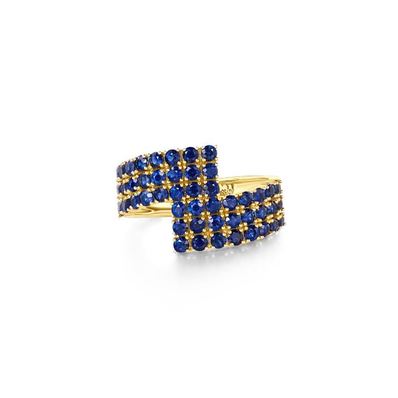 Bague contemporaine or jaune. Pavage géométrique saphir  - 10
