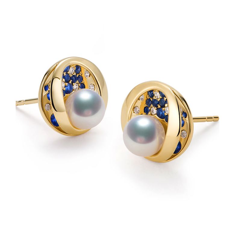 Boucle oreille perle Akoya I Constellation saphir diamant I Seiza, Or jaune - 6