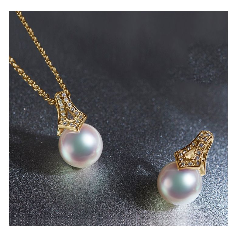Pendentif et Boucles Michiko. Perles Akoya, Or jaune, diamants - 8
