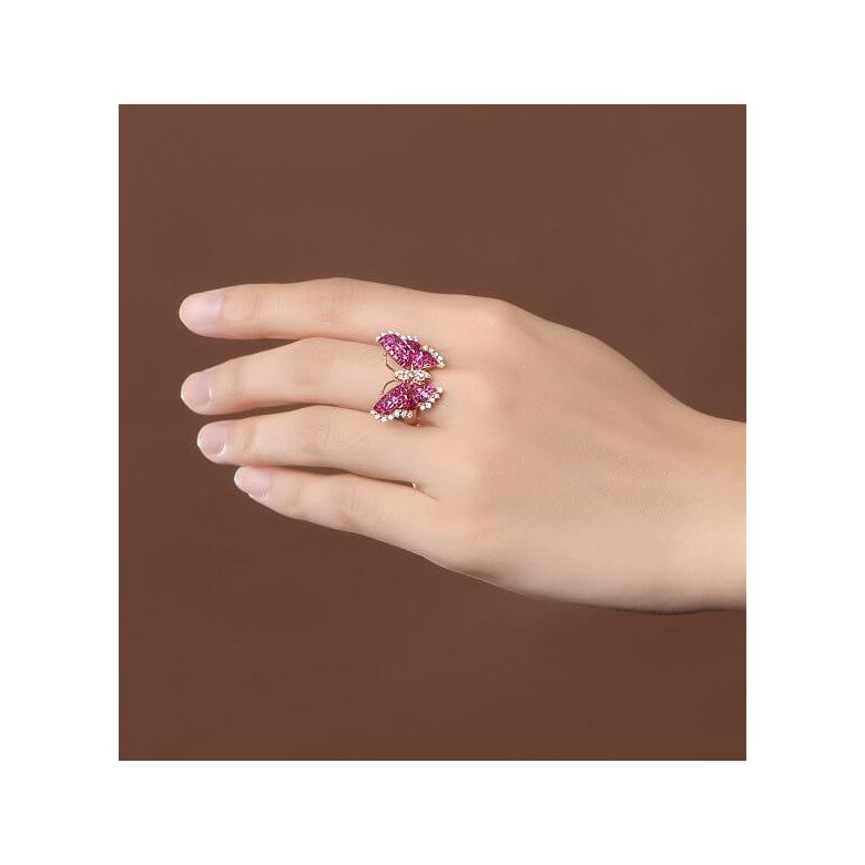Bague Papillon argent. Rubis Birmanie, Or rose et diamants - 4