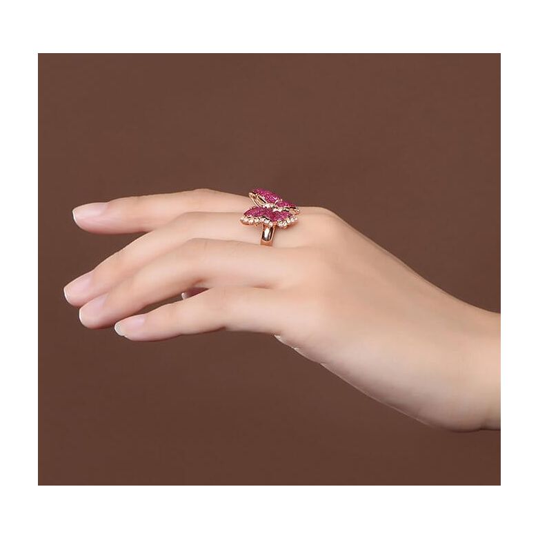 Bague Papillon argent. Rubis Birmanie, Or rose et diamants - 5