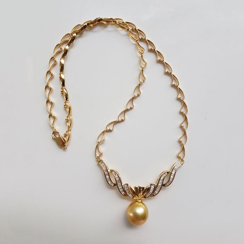 Collier maille coeur - Or jaune, diamants - Perle Australie dorée - 1