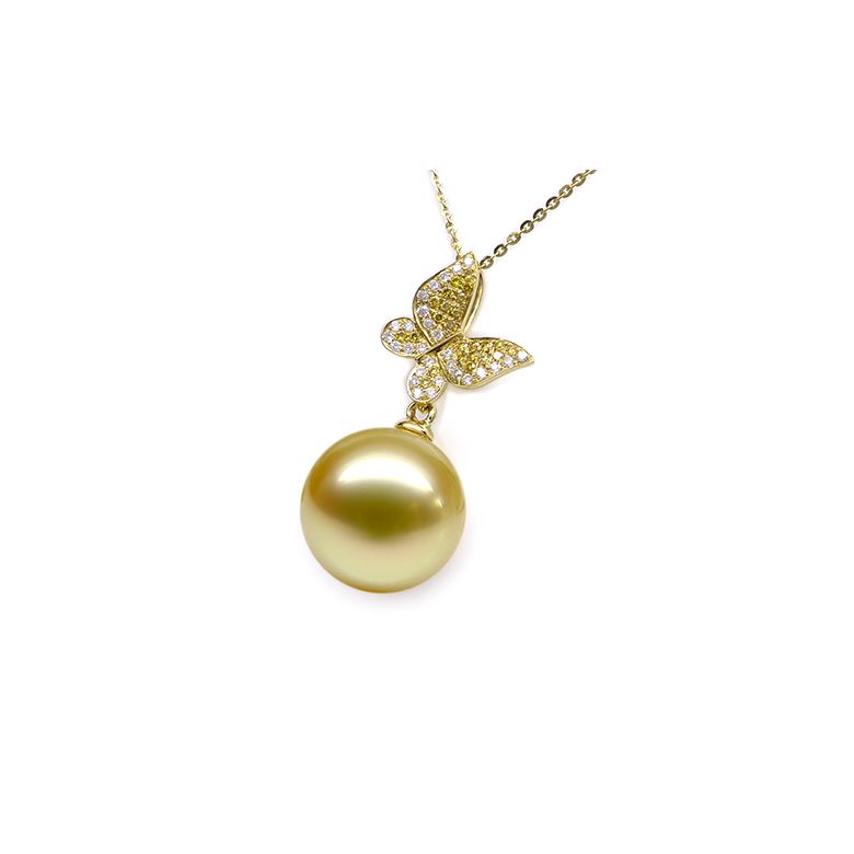  Pendentif Papillon Or jaune. Perle d'Australie dorée. Diamants - 1