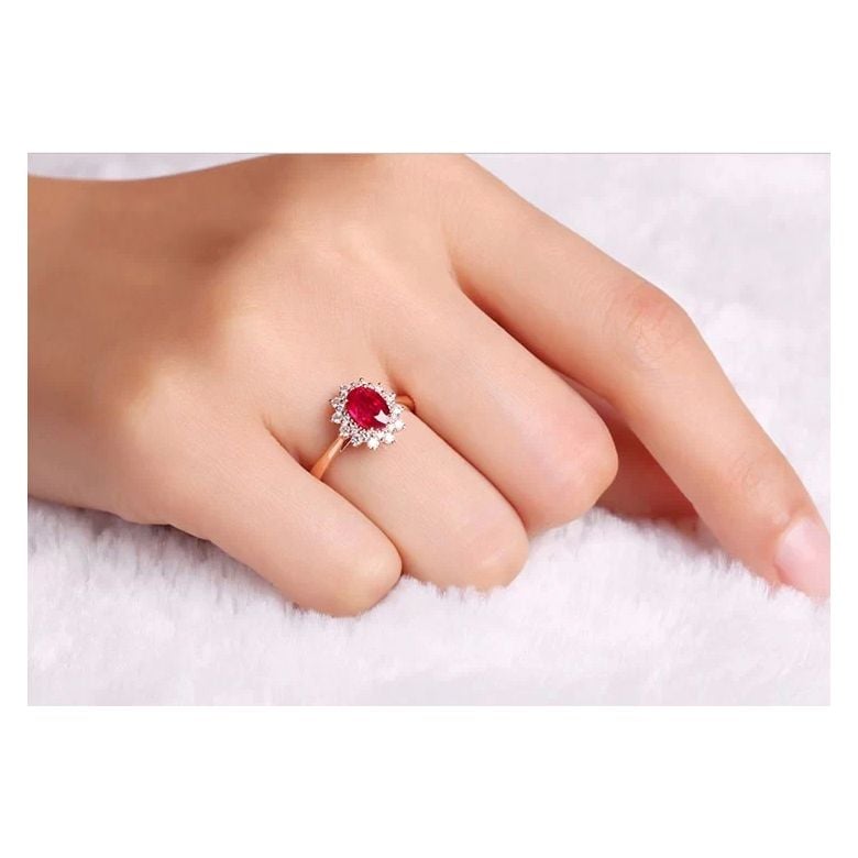 Bague rubis, diamants monture or rose - Création florale classique - 2