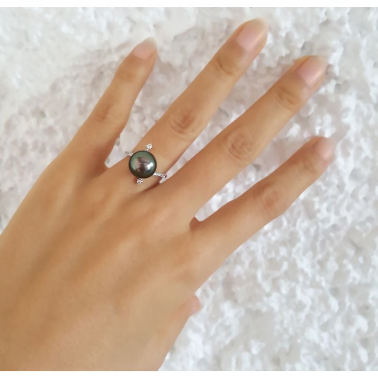 Bague L'Île sous le Vent - Perle de Tahiti - Or blanc, diamants sertis - 6