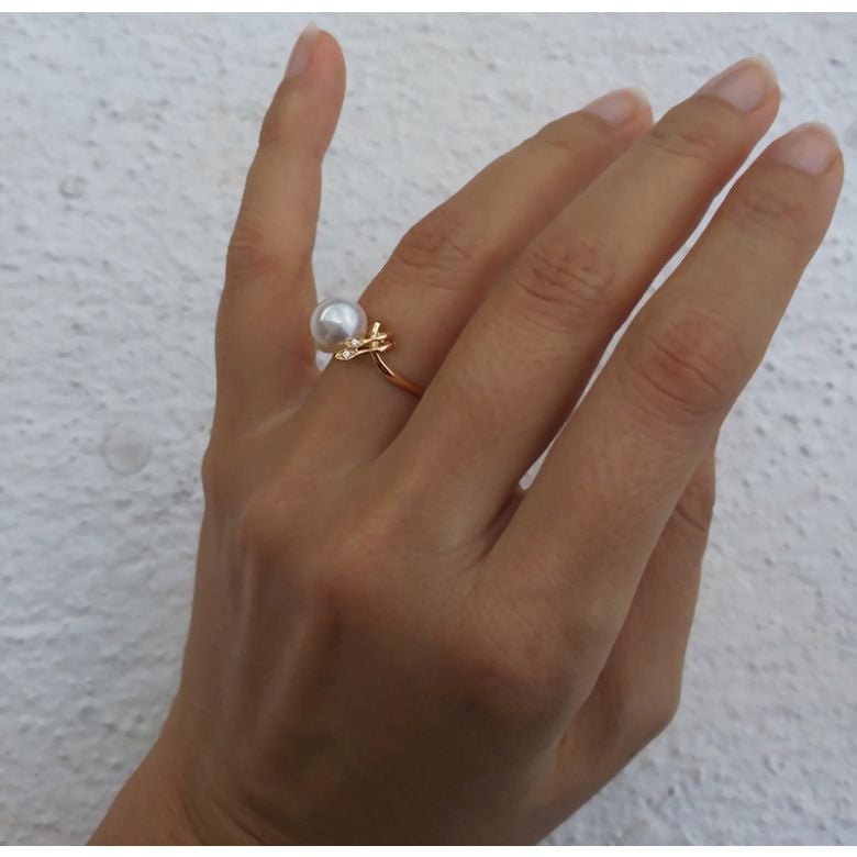 Bague fleur - Or jaune, Diamants - Perle de culture, Eau douce - 5