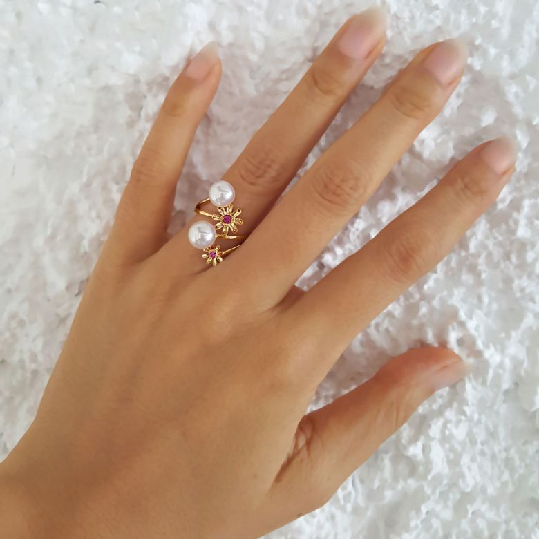 Bague or jaune Toi et Moi Perles Akoya. Fleurs, Saphirs roses - 5