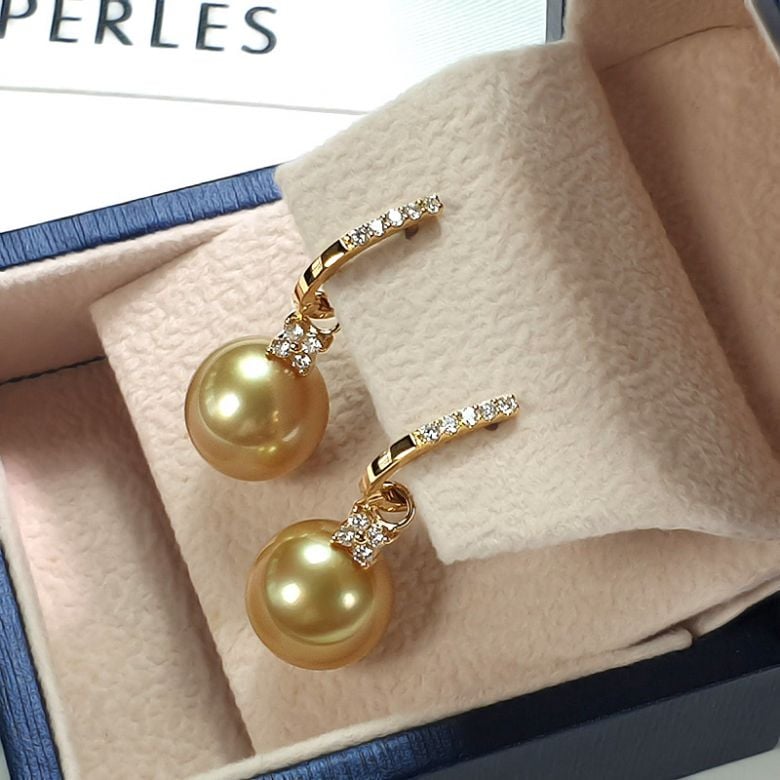 Boucles d'oreilles dormeuses diamantées - Perles d'Australie, or jaune - 5