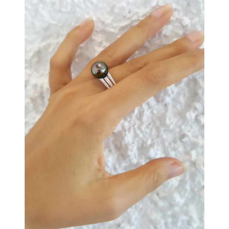 Bague perle de Tahiti - Or blanc - Pavage diamants micro sertis - 7