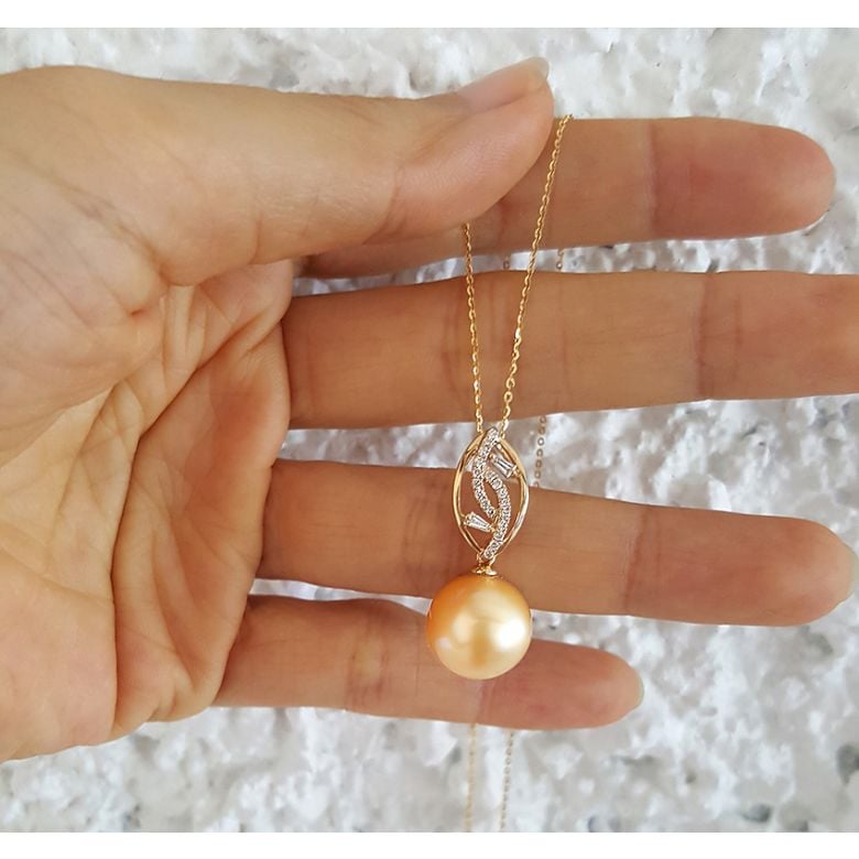 Pendentif feuilles d'or diamantées - Perle d'Australie dorée - 5