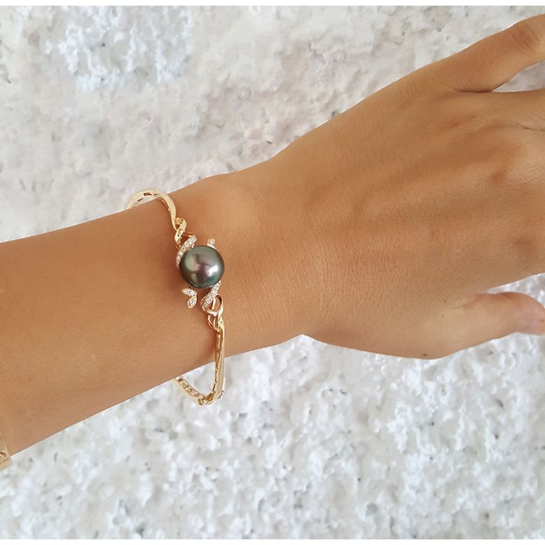 Bracelet jonc - Perle de Tahiti noire - Or jaune, diamants - 7